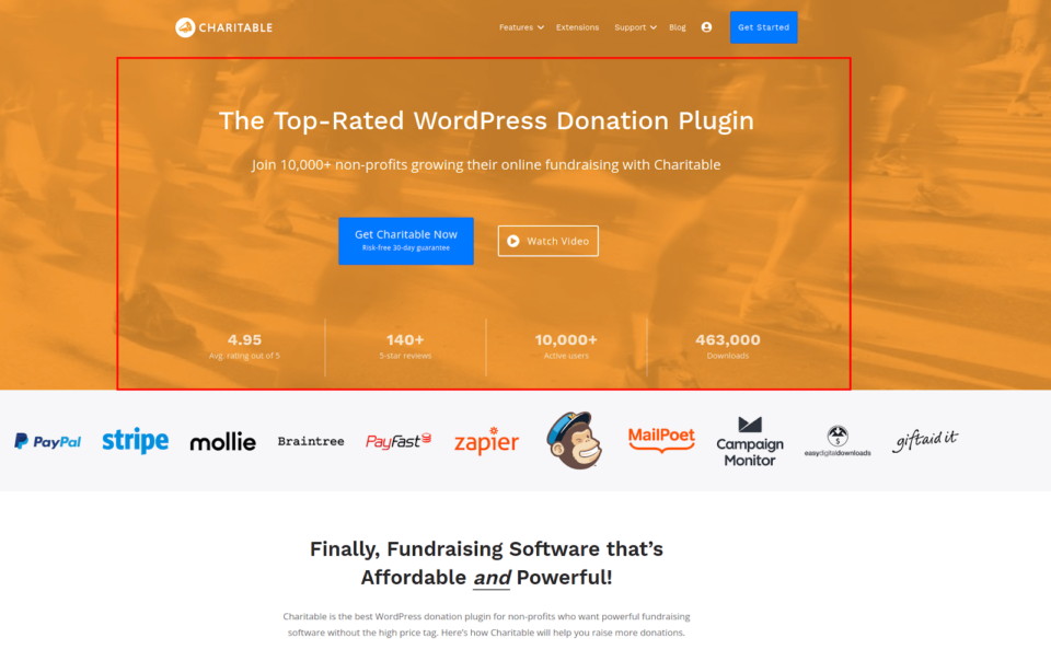 Charitable hero section | Charitable An image highlighting the hero section on a homepage