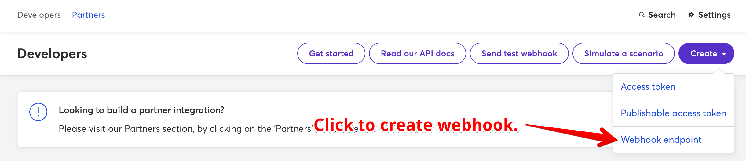 The Create menu in GoCardless with the Webhook endpoint option