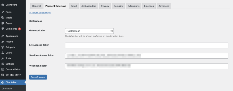 GoCardless-donation-plugin-settings-page | Charitable