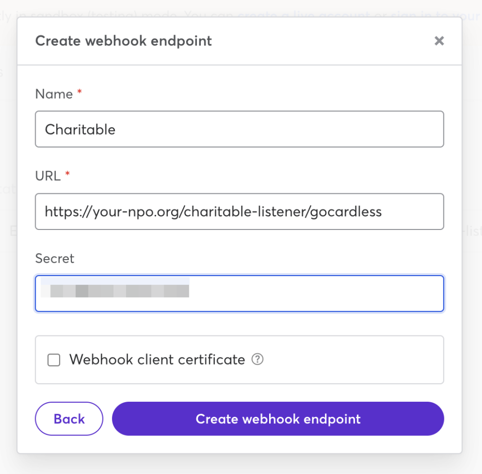 GoCardless-webhook-endpoint-settings | Charitable