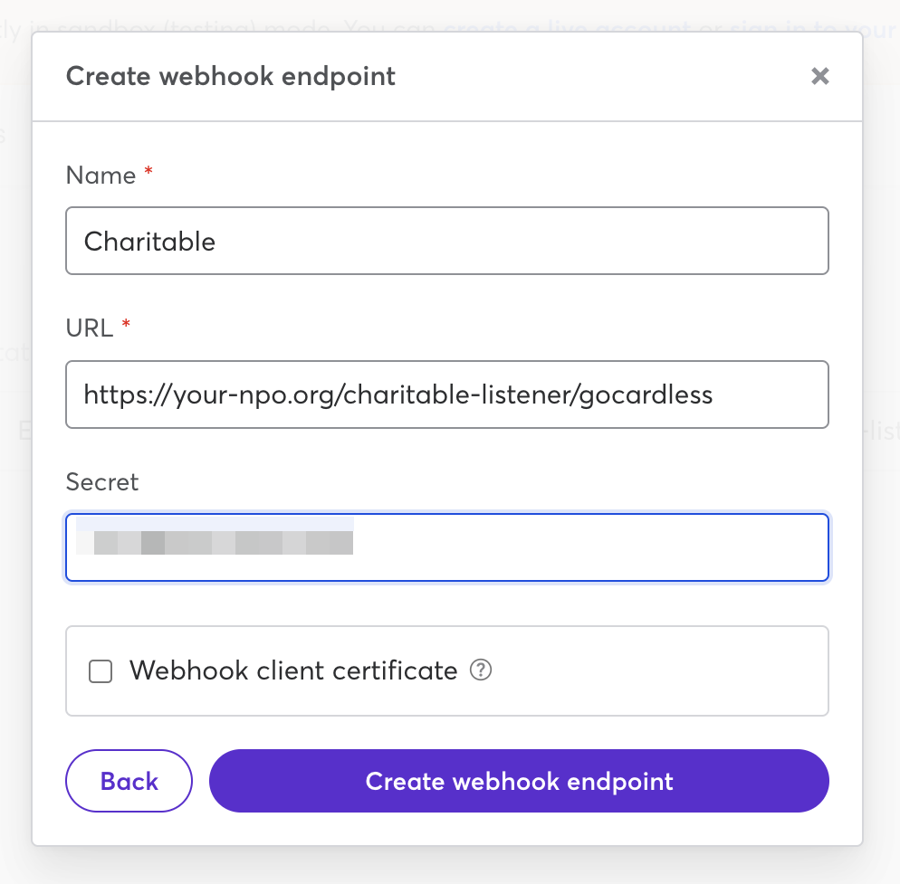 The Create webhook endpoint window in GoCardless showing the Name, URL, and Secret fields
