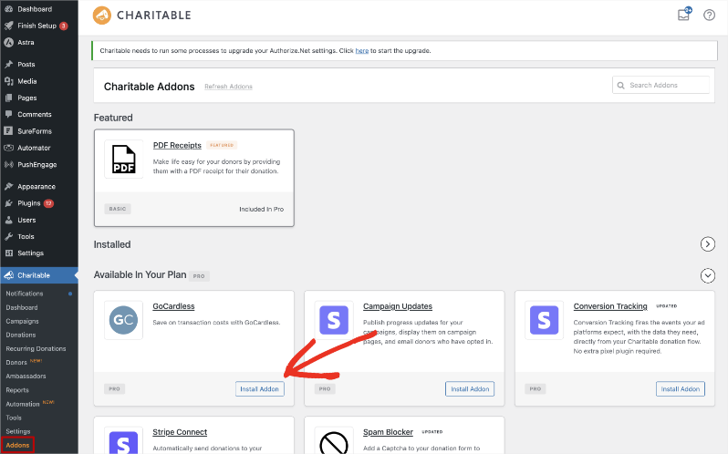 gocardless addon | Charitable The Charitable Addons page with GoCardless listed under Available In Your Plan and an Install Addon button