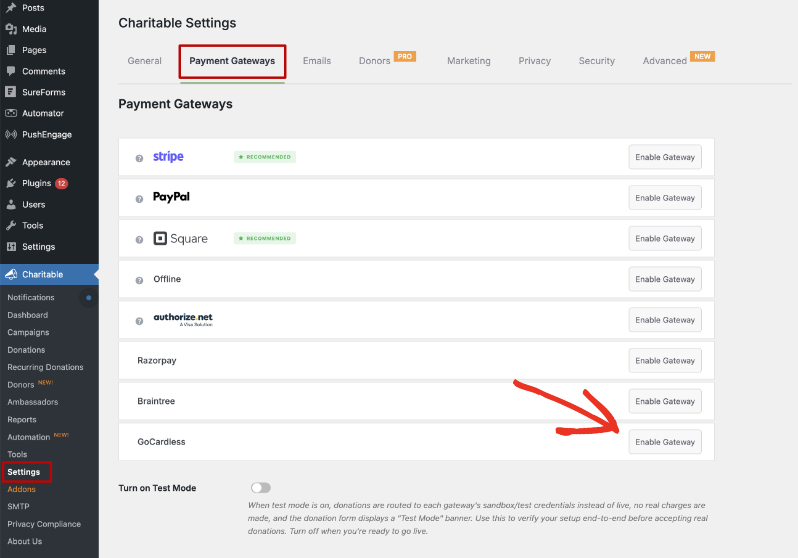 gocardless enable gateway | Charitable GoCardless listed on the Payment Gateways tab of Charitable Settings with an Enable Gateway button