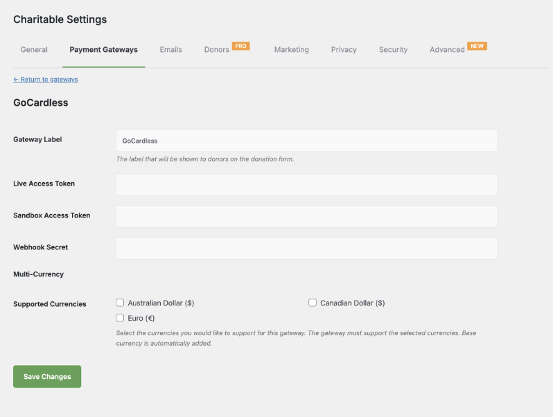gocardless settings | Charitable The GoCardless gateway settings page in Charitable showing Gateway Label, Live Access Token, Sandbox Access Token, Webhook Secret, and Supported Currencies