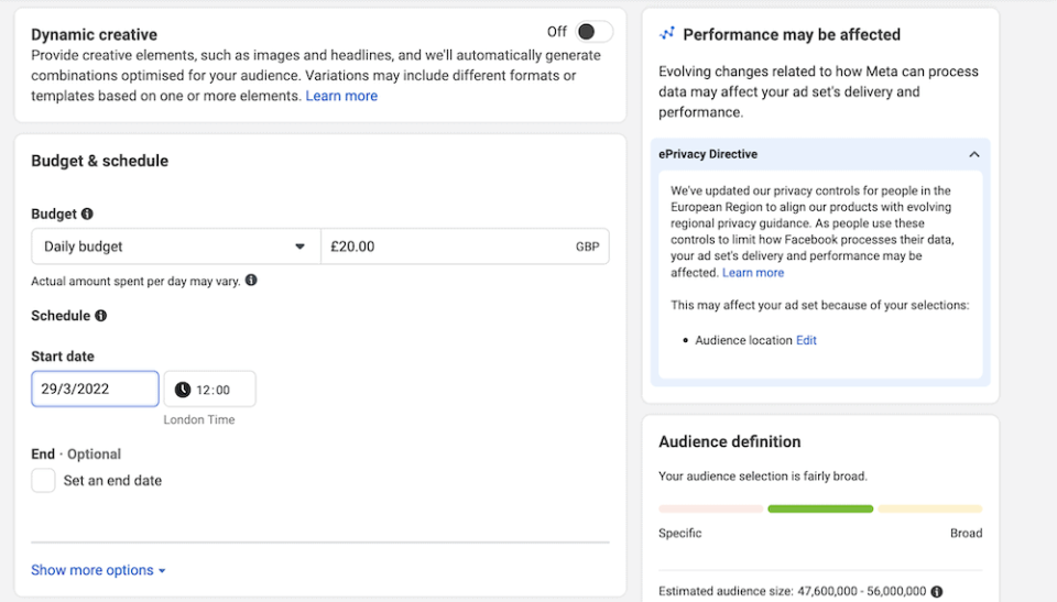 The budget settings from Facebook Ads Manager.