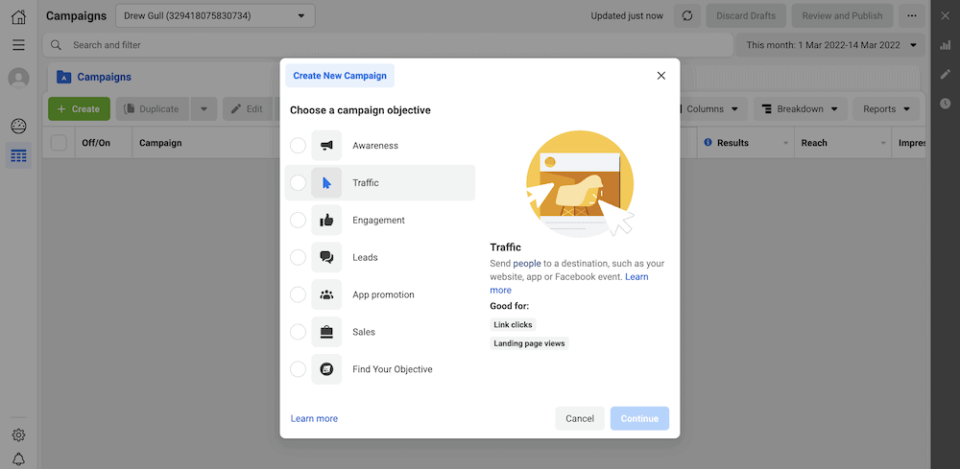 choose-objective_1 | Charitable Choosing an objective within Facebook Ads Manager.