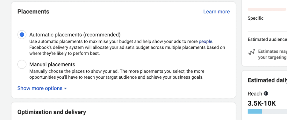 The options for ad placement in Facebook Ads Manager.