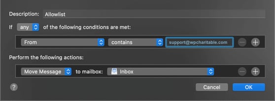 Apple Mail rule - WPForms | Charitable