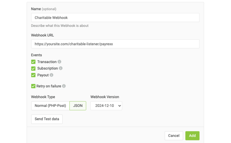 Charitable webhook settings | Charitable Charitable webhook settings