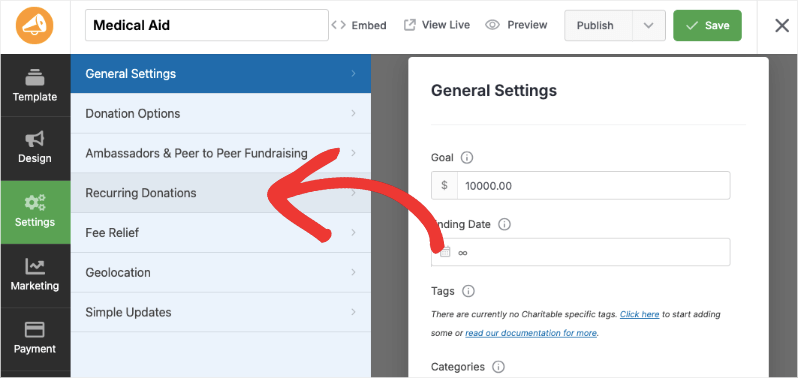 Click on recurring donations in settings