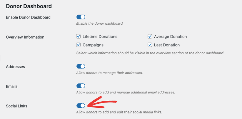 Edit options in the donor dashboard