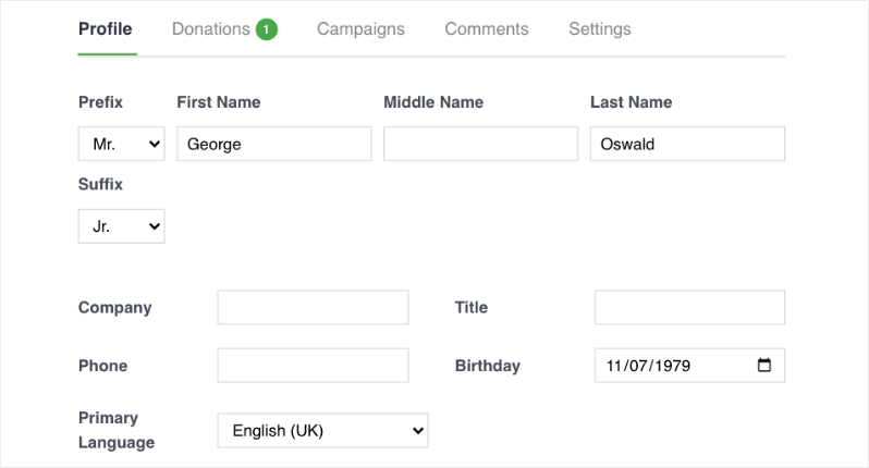 Filled out donor profile in donor management system | Charitable Filled out donor profile in donor management system