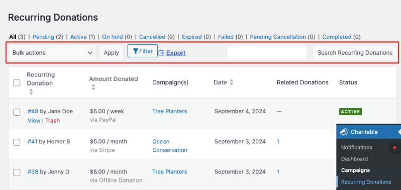 Recurring donation actions filter export | Charitable Recurring donation actions filter export