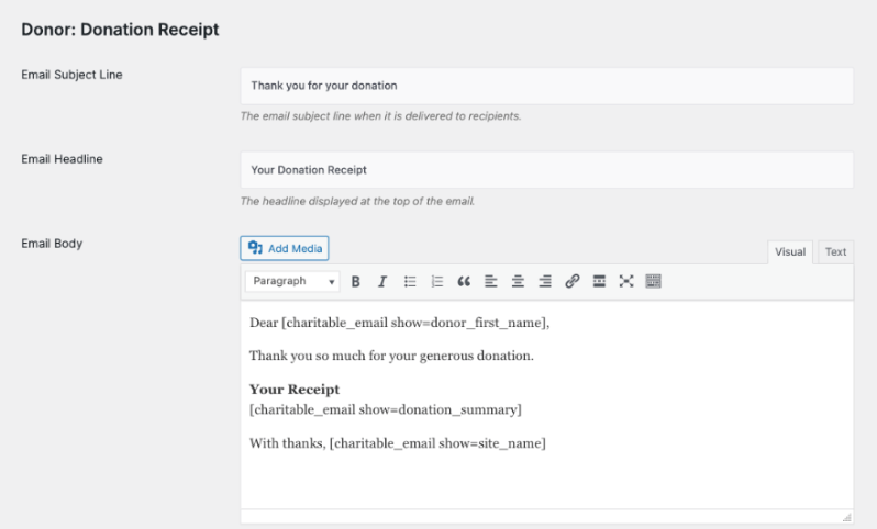 Customize email donation receipt