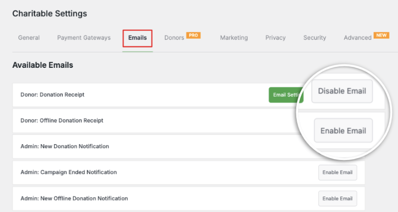 Enable and disable emails for receipts