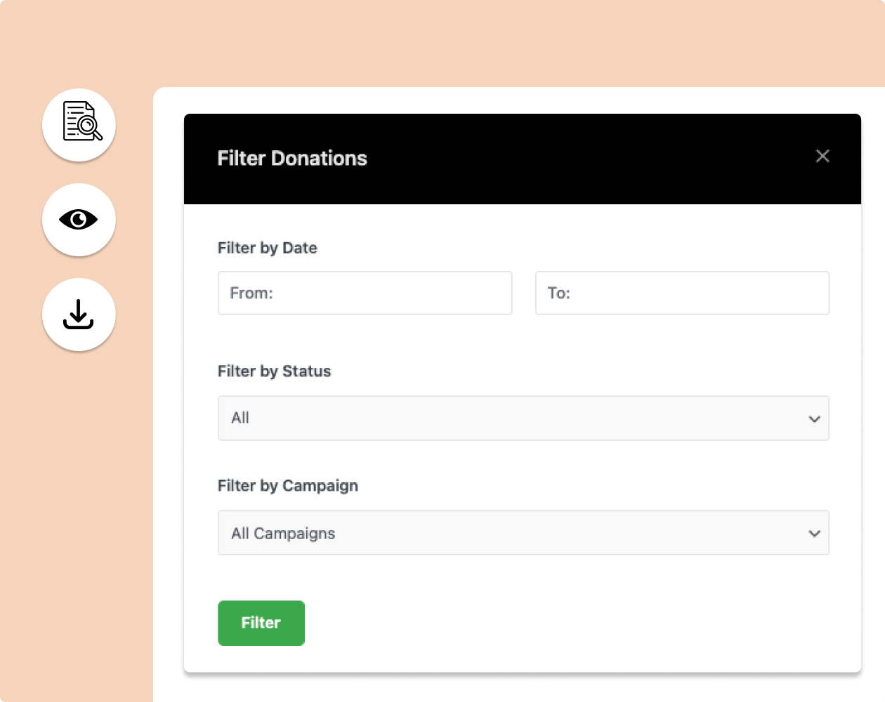 Search filter export donations