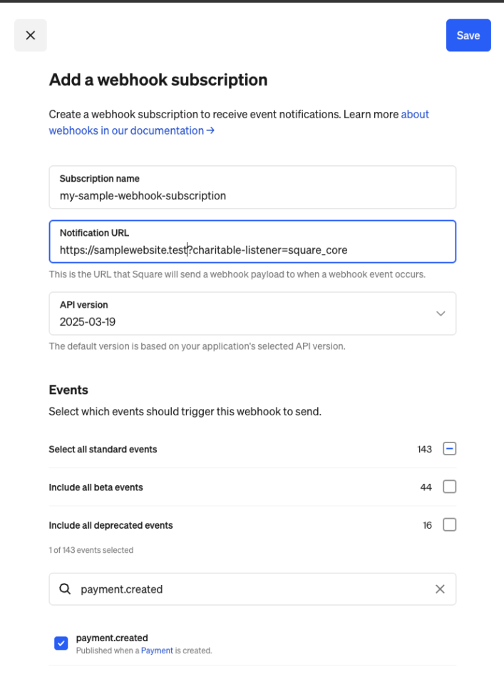 Captura de pantalla 2026-07-24 a las 19:35:58 | Charitable Formulario titulado 'Añadir una suscripción de webhook' con campos para Nombre de suscripción, URL de notificación y Versión de la API, además de una sección de Eventos con casillas de verificación y una búsqueda de 'payment.created' cerca de un botón Guardar.