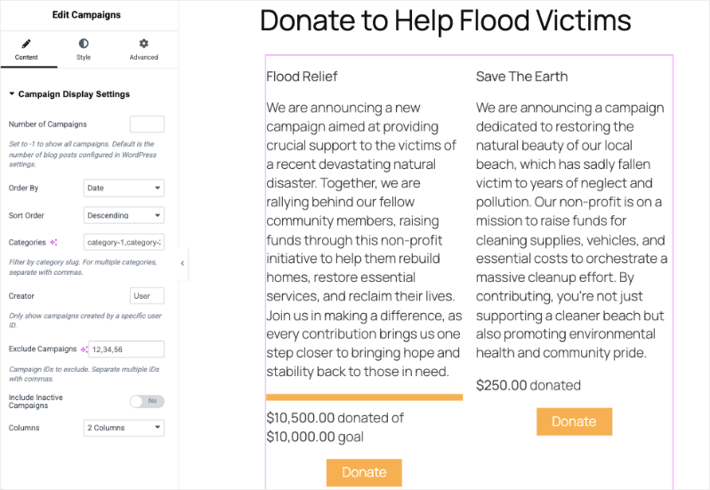 Campaigns block | Charitable Campaigns block