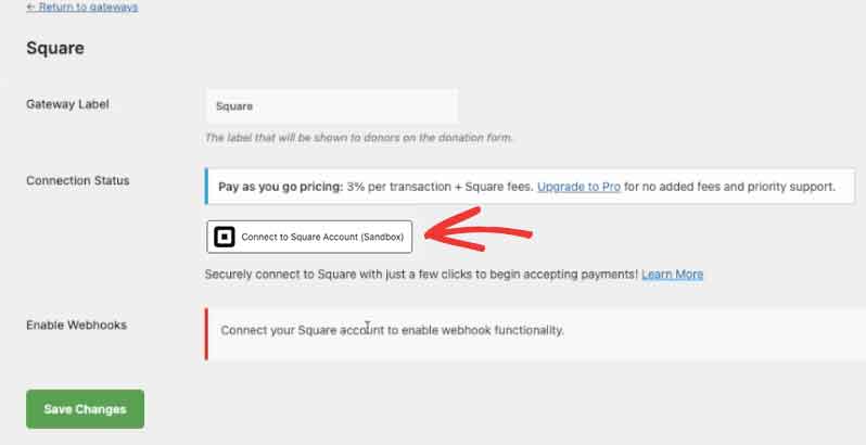 cuadrado-actualizado-2 | Benéfico Configuración de la pasarela Square con un botón 'Conectar a cuenta Square' (se muestra el icono), línea de estado y un botón verde 'Guardar cambios'.