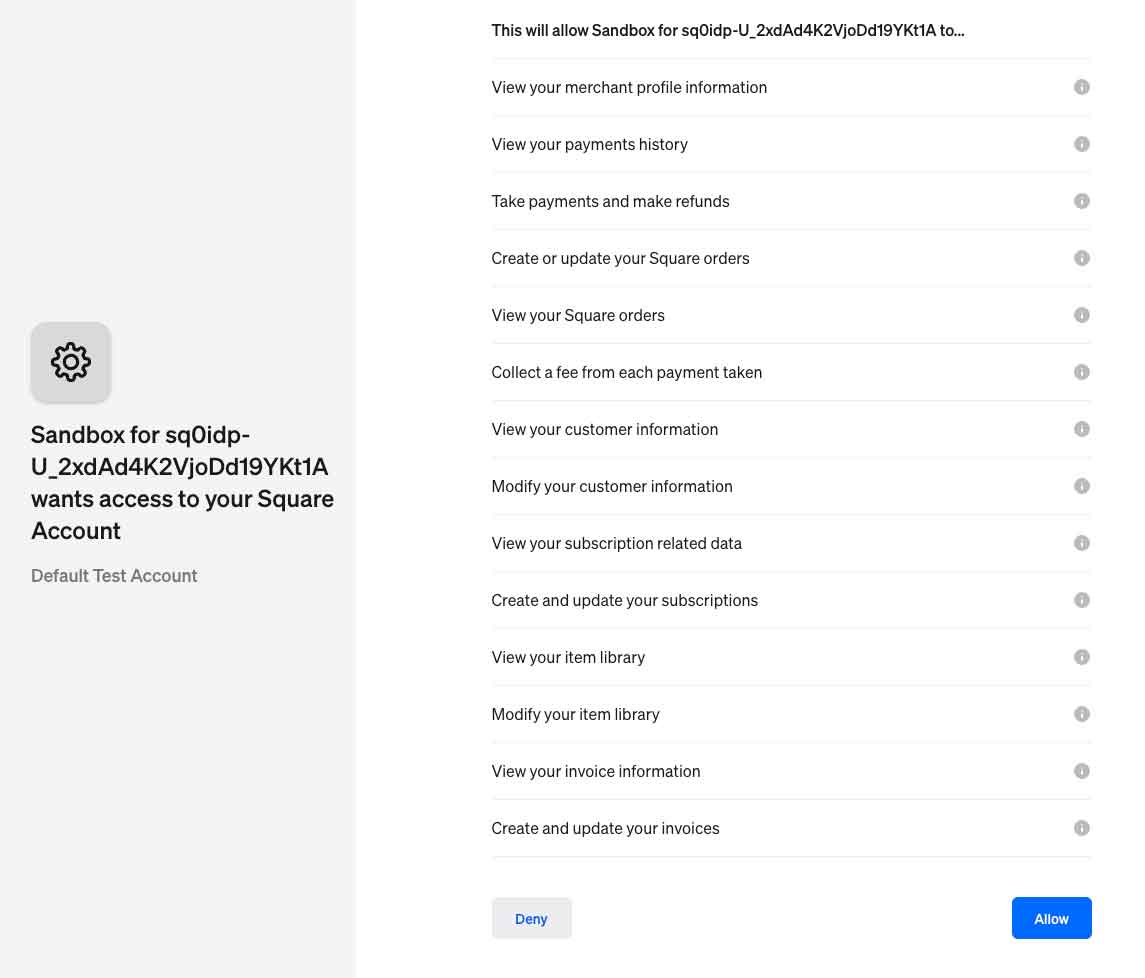 cuadrado-actualizado-3 | Benéfico La aplicación Sandbox solicita acceso a su Cuenta Square; pide permisos como ver perfil, historial de pagos, realizar pagos, crear/actualizar pedidos, ver datos de clientes, facturas; opciones Denegar y Permitir en la parte inferior.