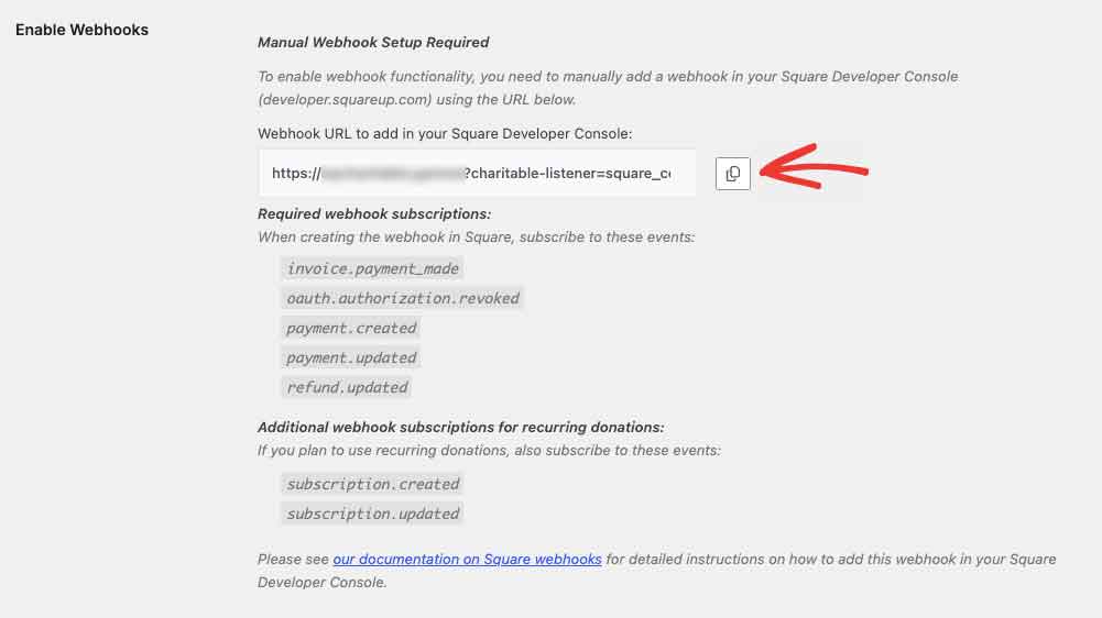 cuadrado-actualizado-4b | Benéfico Captura de pantalla de la configuración de 'Habilitar Webhooks' con un campo de URL y un botón de copia resaltado para copiar la URL del webhook; muestra la lista de suscripciones requeridas debajo