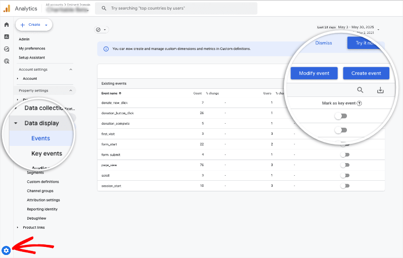 Add events in Google Analytics admin | Charitable Add events in Google Analytics admin