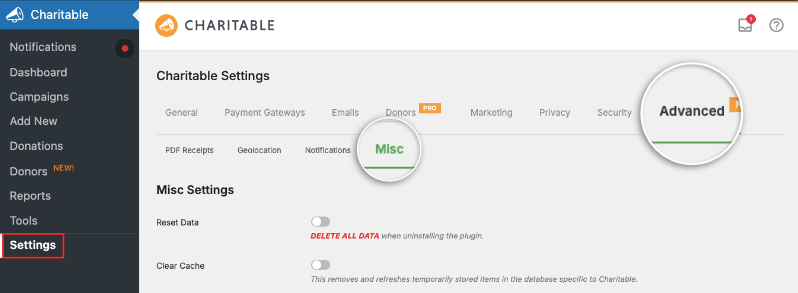 Charitable miscellaneous settings tab | Charitable Charitable miscellaneous settings tab