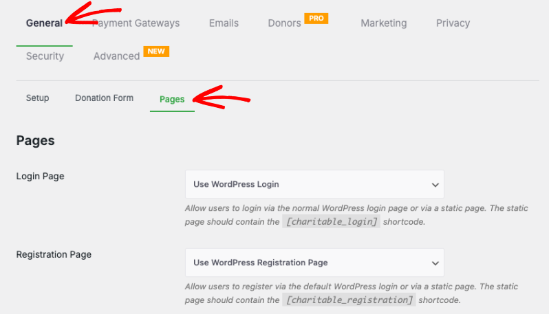 Charitable pages settings