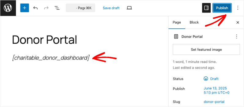 Donor portal page in block editor