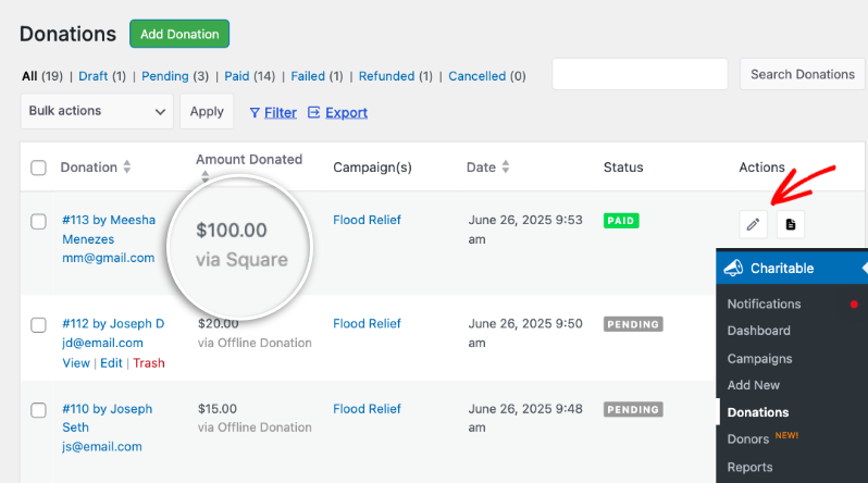 Square donation record