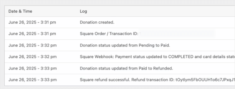 Square donation records