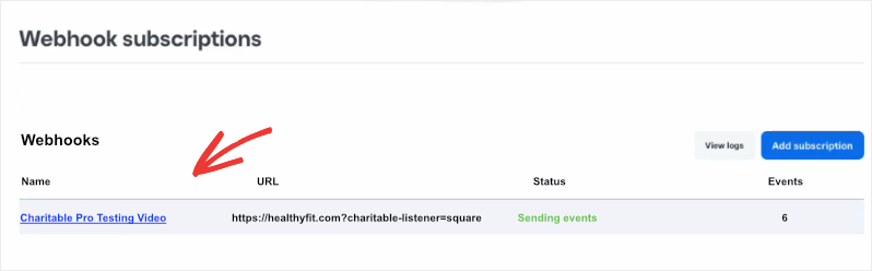 Webhook appears in dashboard