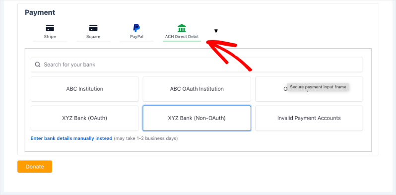 ACH Debit in payment form