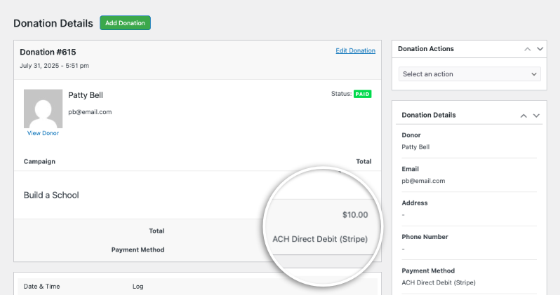 ACH Direct debit in donation record
