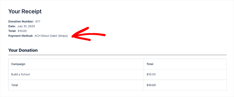 ACH direct debit receipt