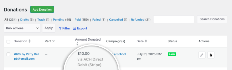 ACH payment method used in donations tab