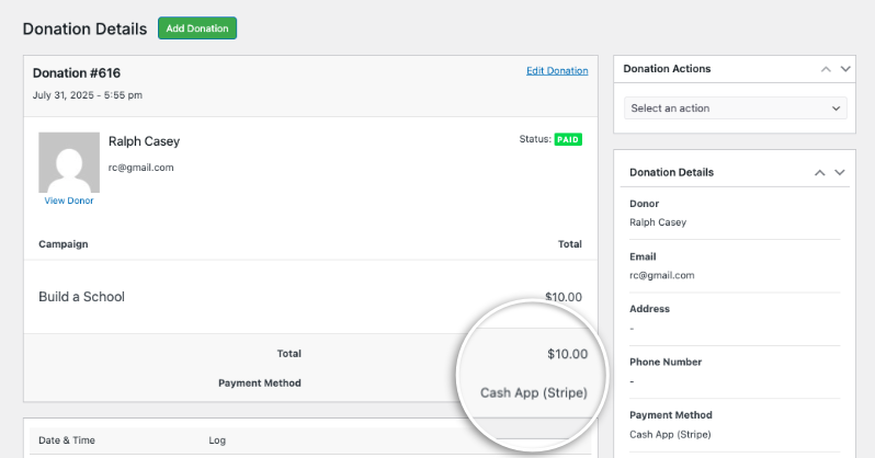 Cash App payment method in donation record