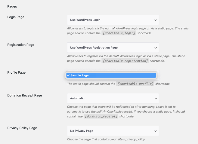 Charitable pages in settings | Charitable Charitable pages in settings