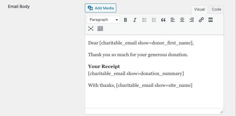 Donation receipt email body