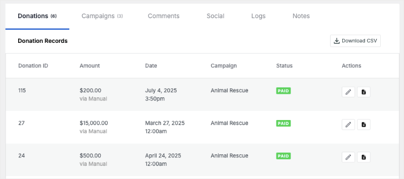Donations tab in donor profile | Charitable Donations tab in donor profile