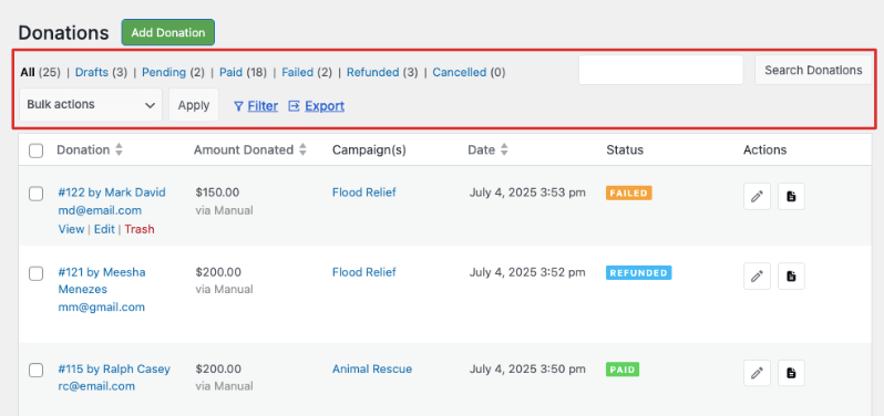 filter donation records | Charitable filter donation records