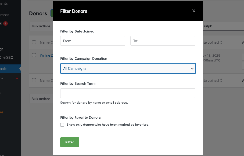 Filter donors | Charitable Filter donors