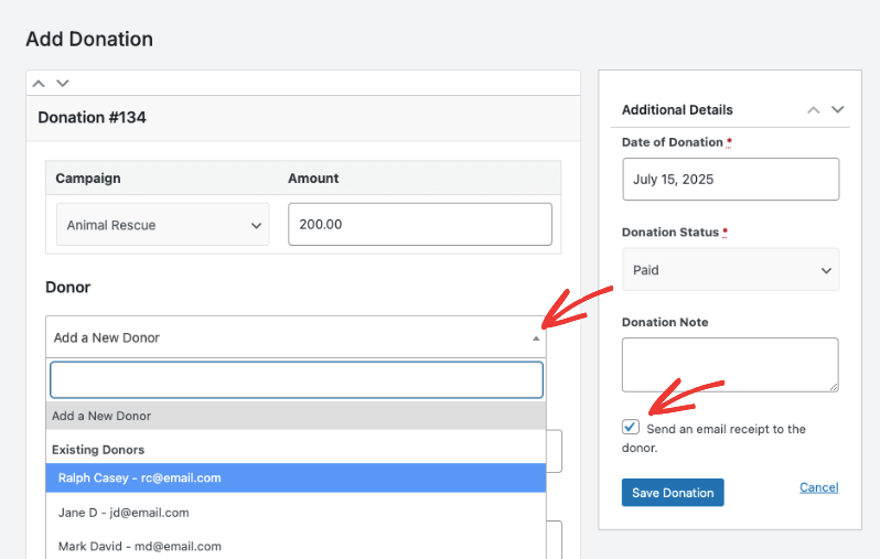 New donation record with send receipt | Charitable New donation record with send receipt