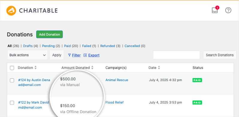 Offline payments in donation records | Charitable Offline payments in donation records