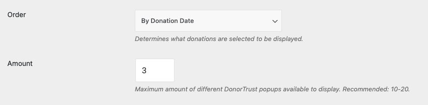 Order and amount in donortrust settings