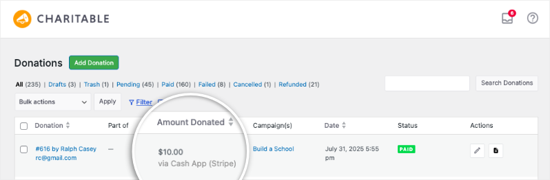 Cash App Payment method used in donations tab