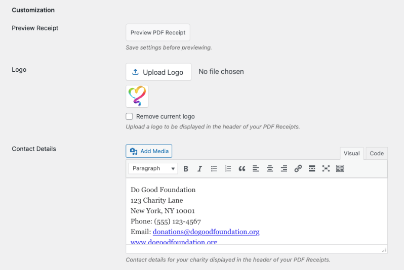 PDF receipt settings page