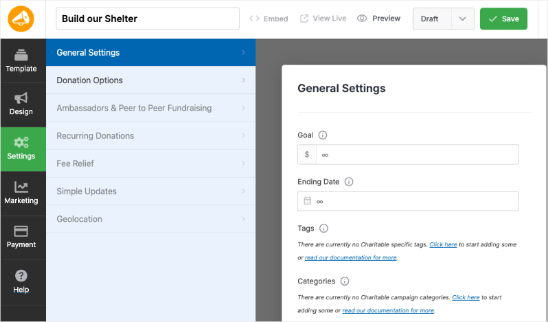 Settings in Charitable builder | Charitable Settings in Charitable builder