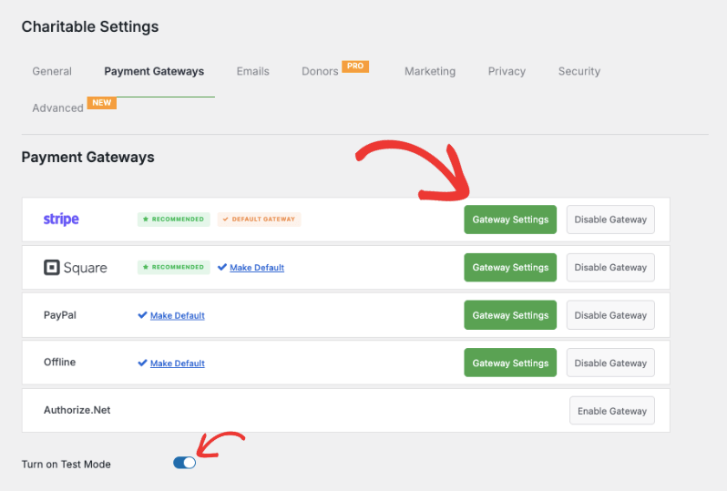 Stripe gateway settings