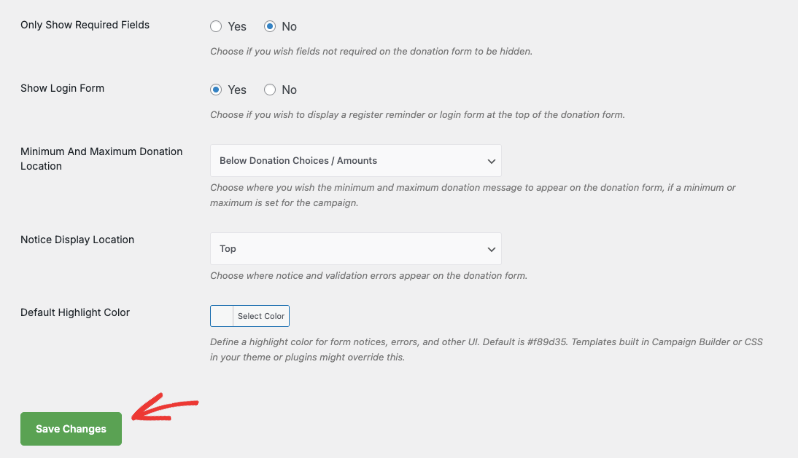 Donation form settings page save changes